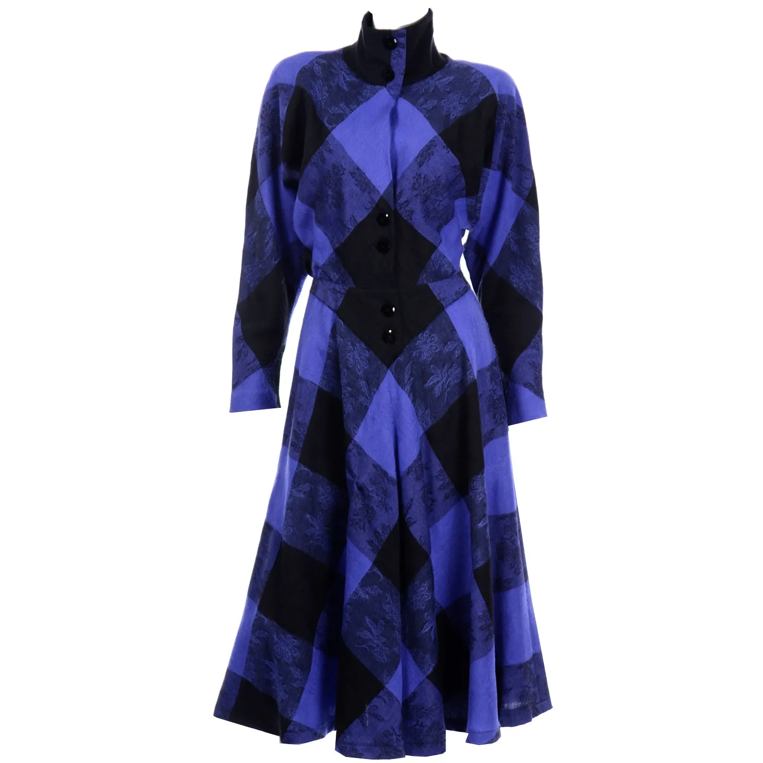 1980s Norma Walters Blue & Black Plaid Wool Vintage Dress