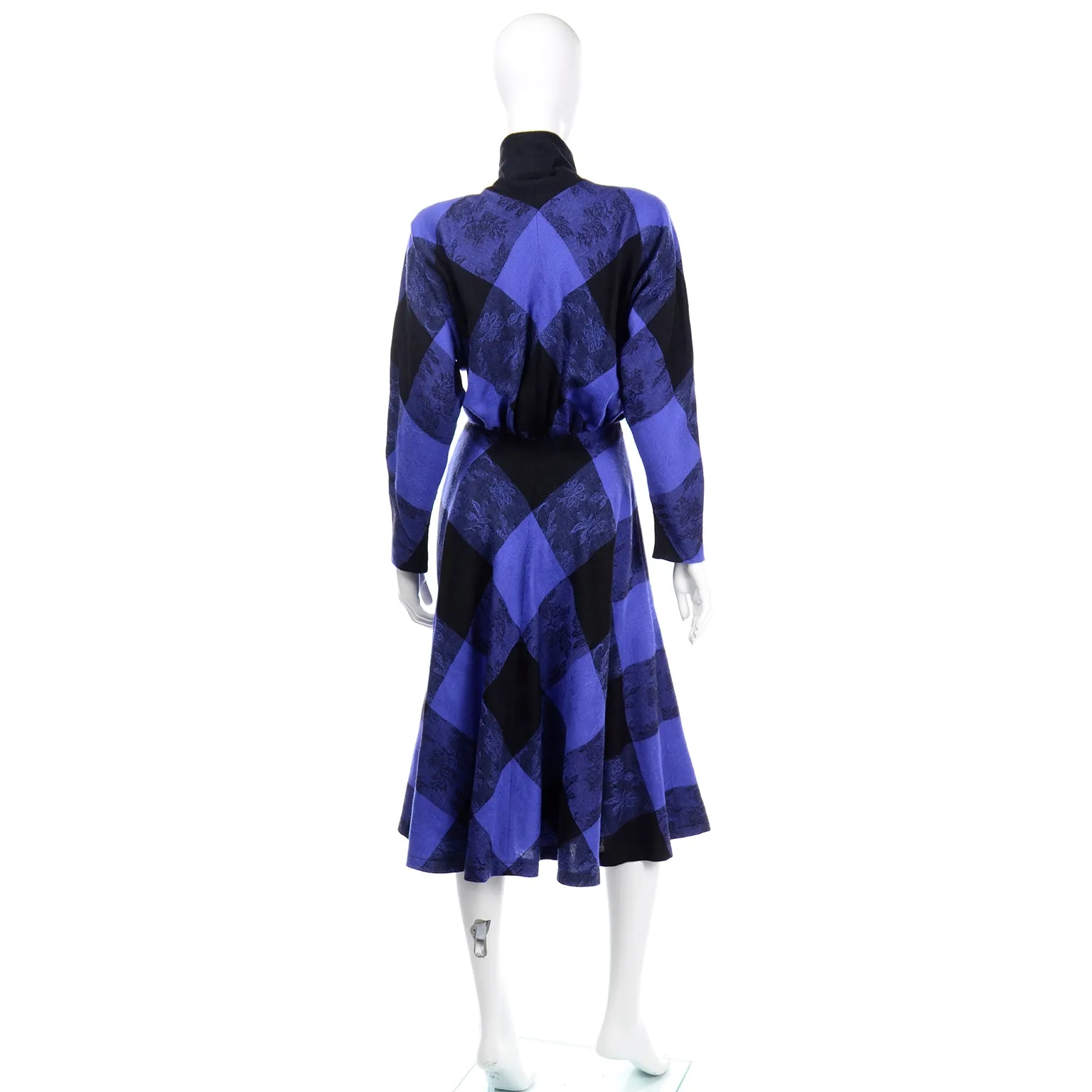 1980s Norma Walters Blue & Black Plaid Wool Vintage Dress