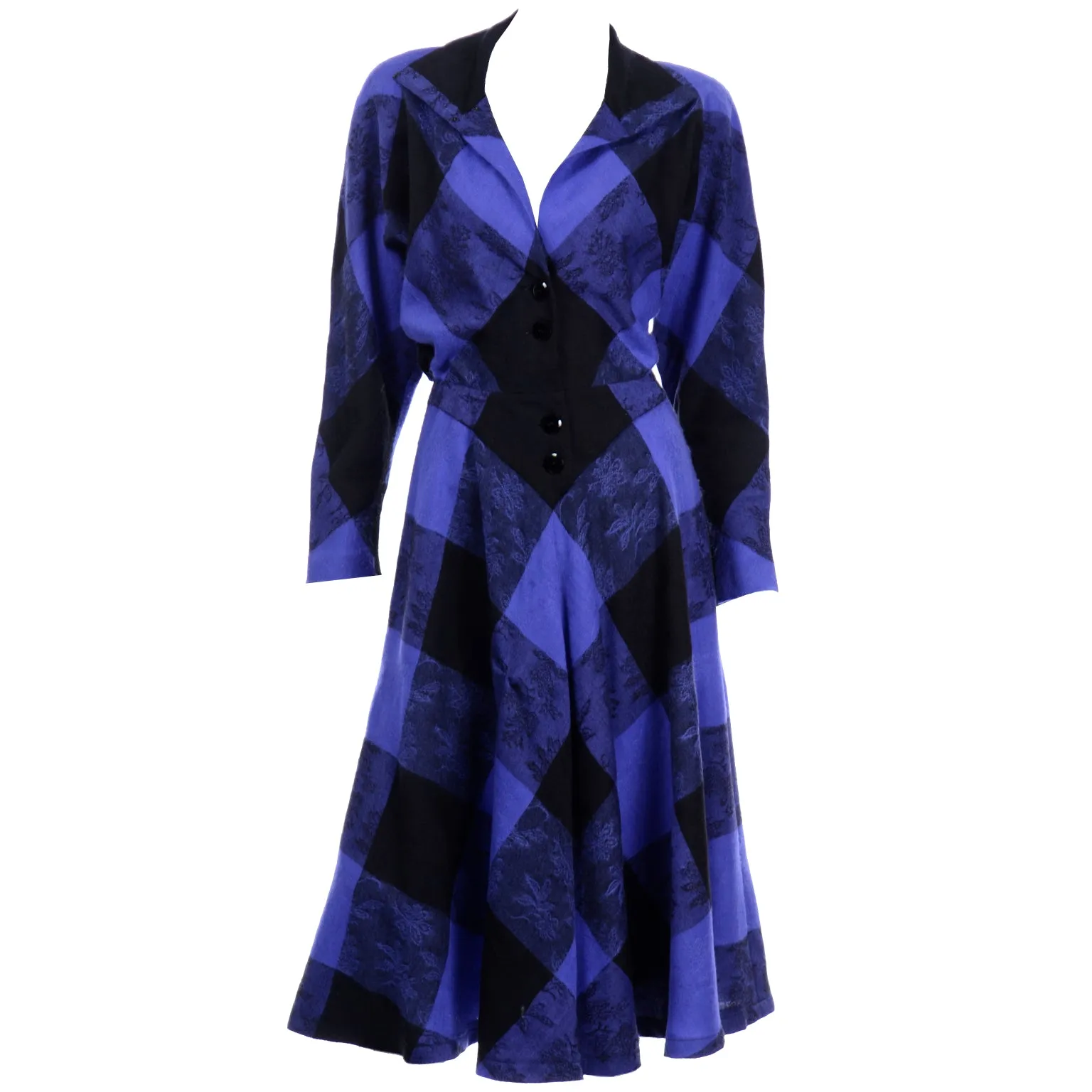 1980s Norma Walters Blue & Black Plaid Wool Vintage Dress