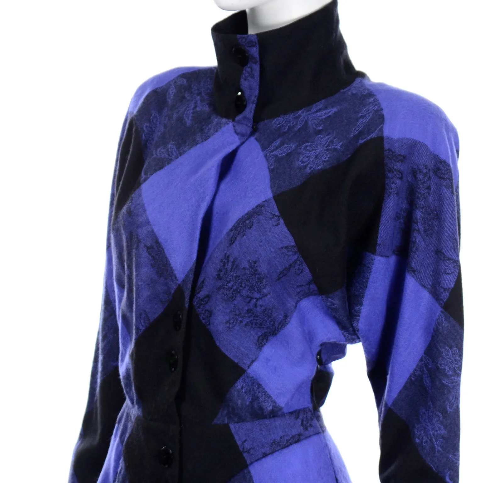1980s Norma Walters Blue & Black Plaid Wool Vintage Dress