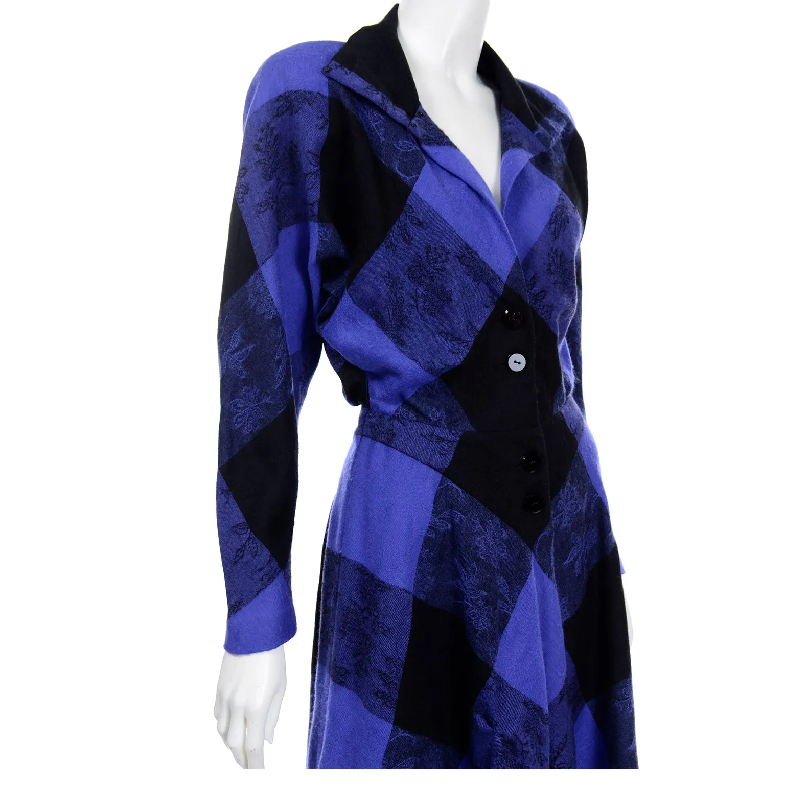 1980s Norma Walters Blue & Black Plaid Wool Vintage Dress