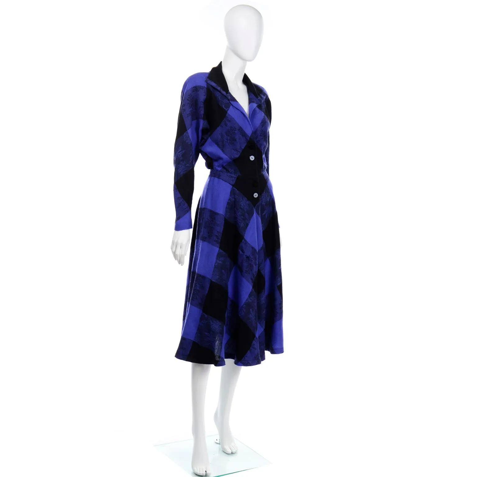 1980s Norma Walters Blue & Black Plaid Wool Vintage Dress