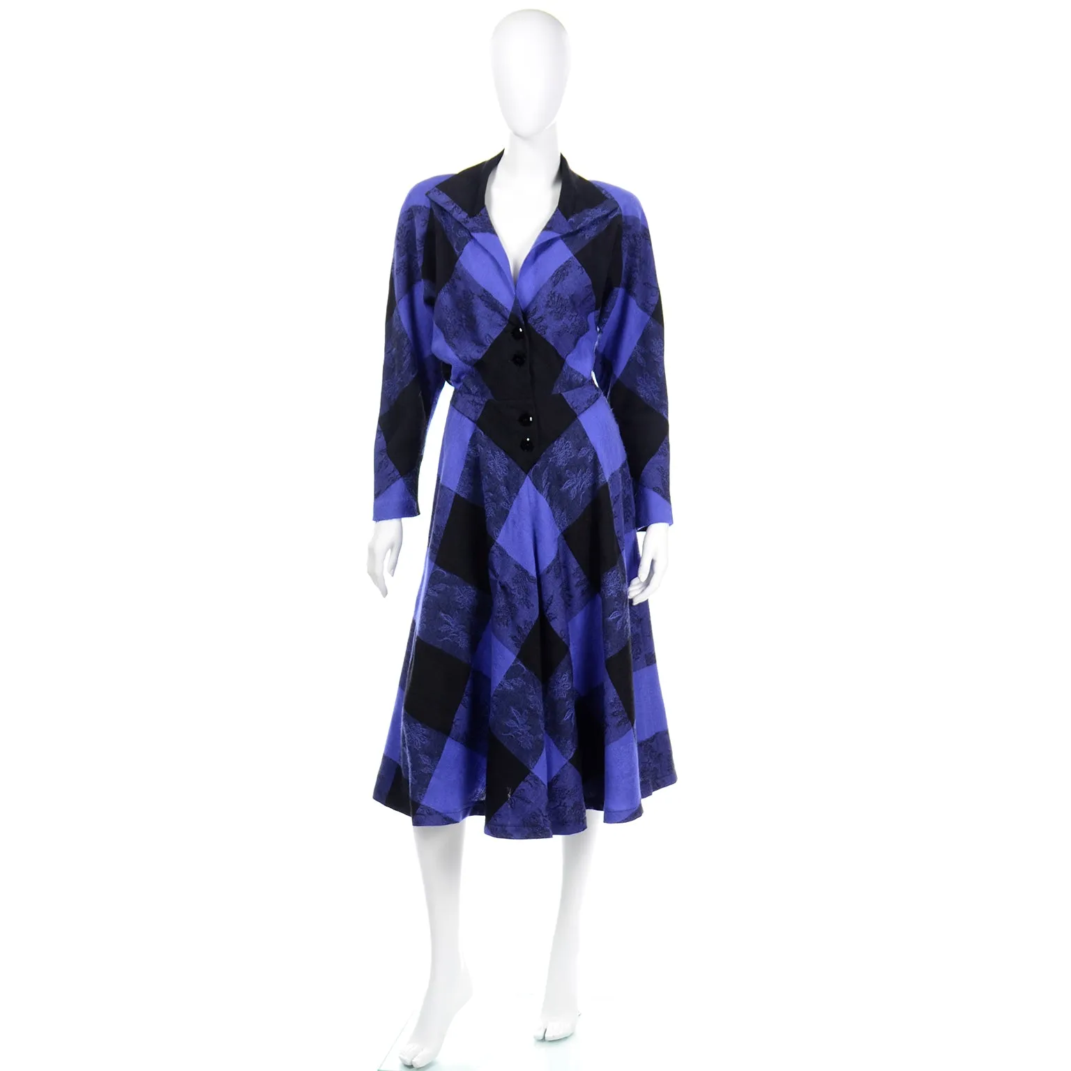 1980s Norma Walters Blue & Black Plaid Wool Vintage Dress