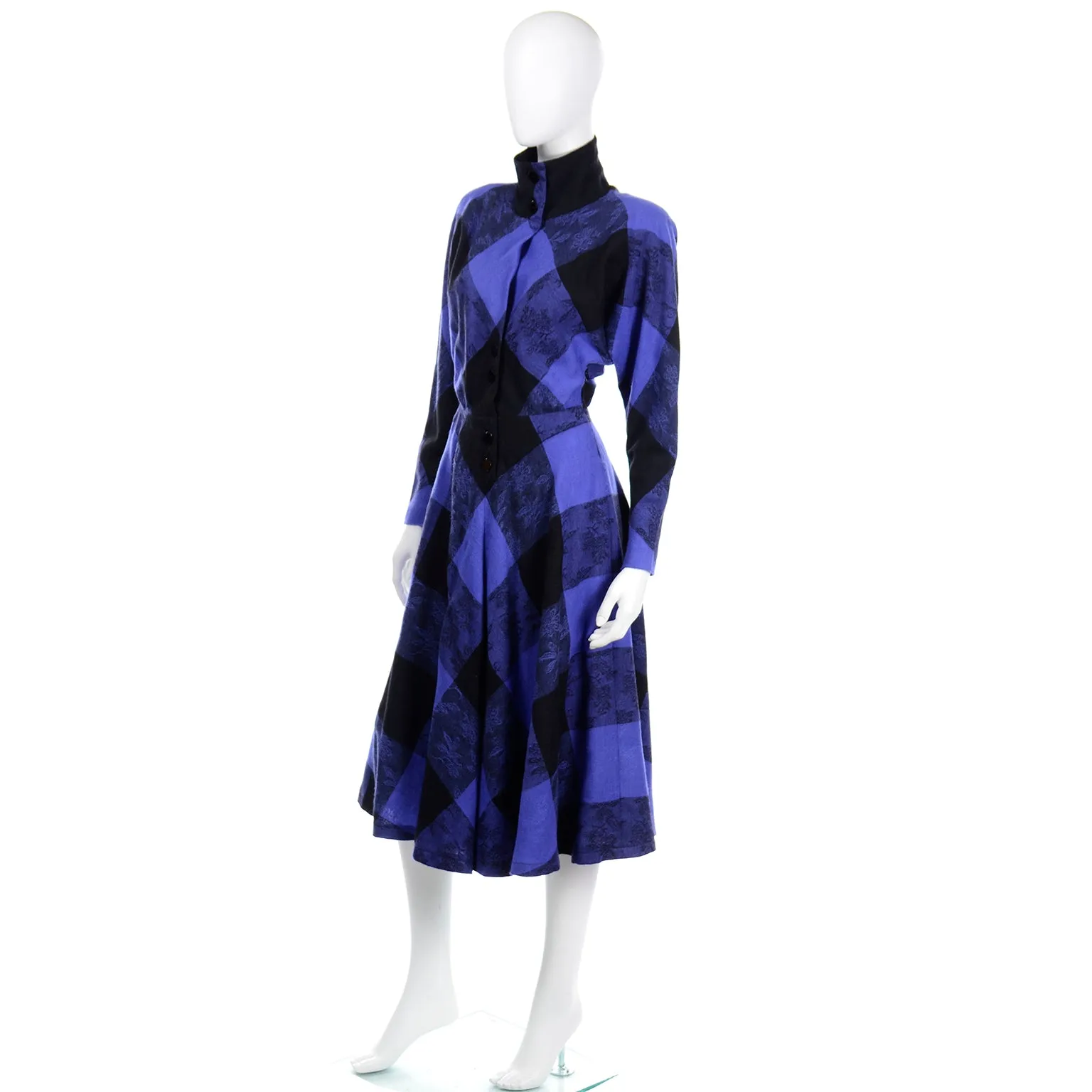 1980s Norma Walters Blue & Black Plaid Wool Vintage Dress