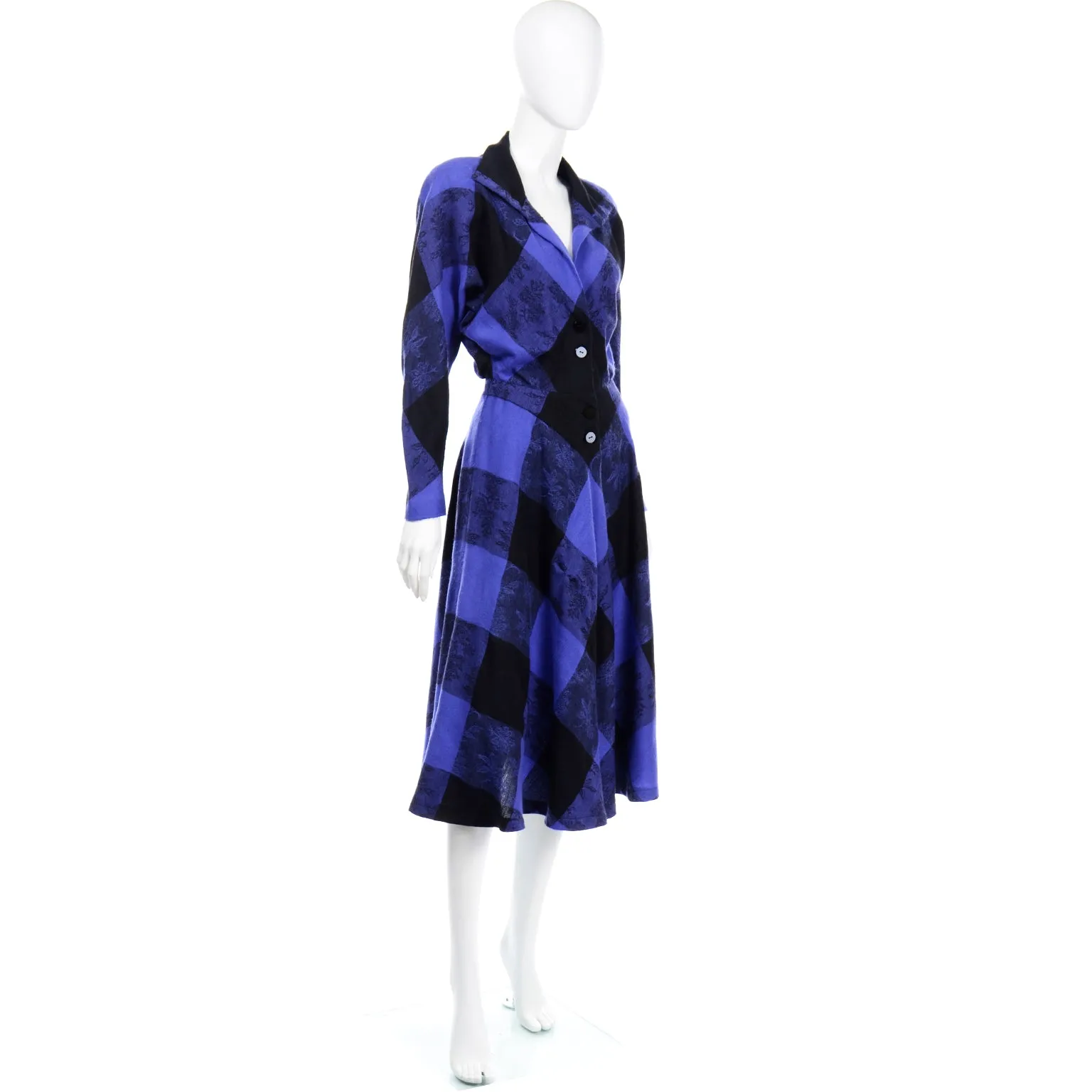 1980s Norma Walters Blue & Black Plaid Wool Vintage Dress