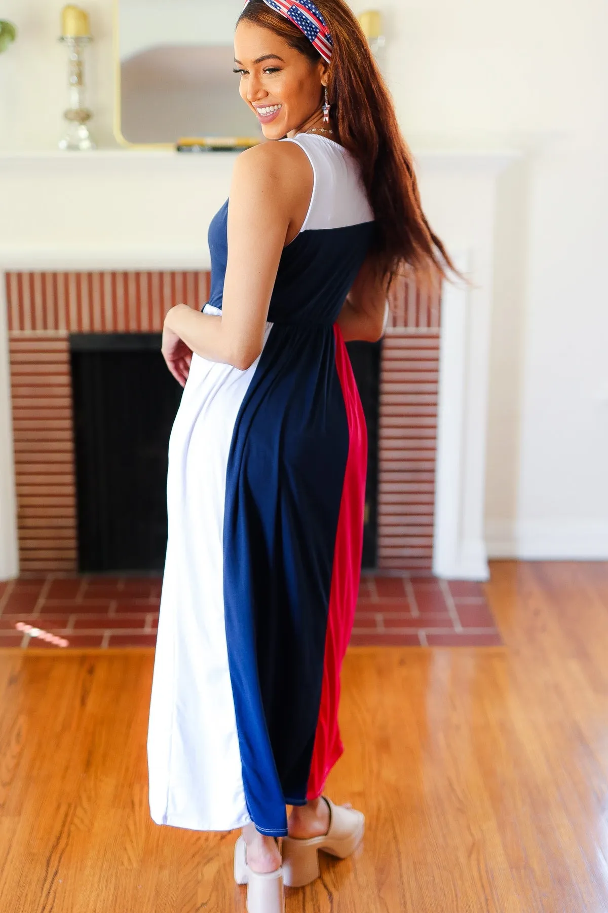 4th of July Dress Patriotic Color Block Fit & Flare Maxi Dress