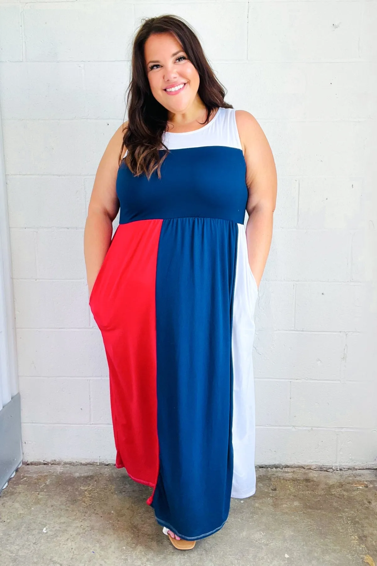 4th of July Dress Patriotic Color Block Fit & Flare Maxi Dress