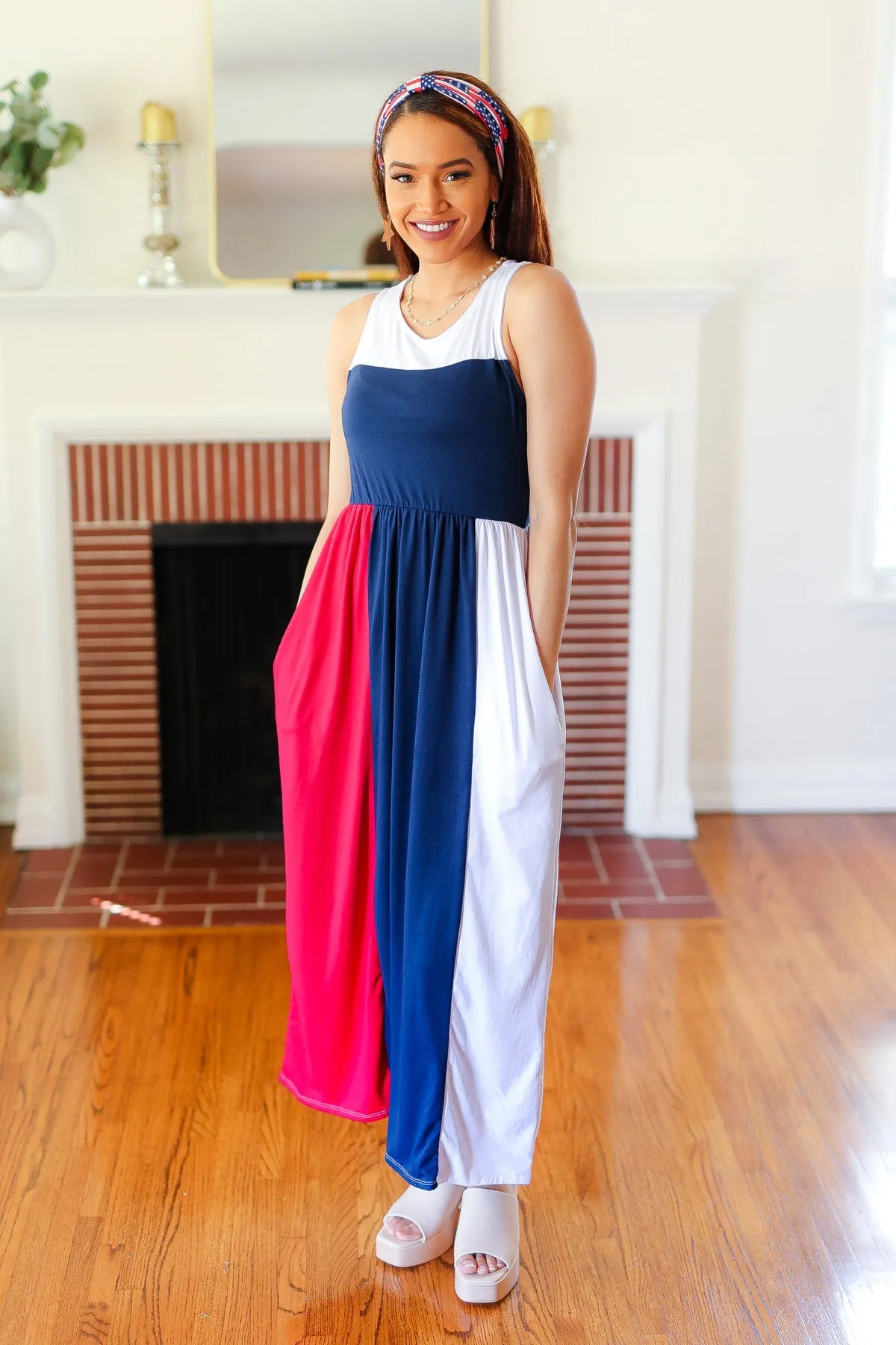 4th of July Dress Patriotic Color Block Fit & Flare Maxi Dress