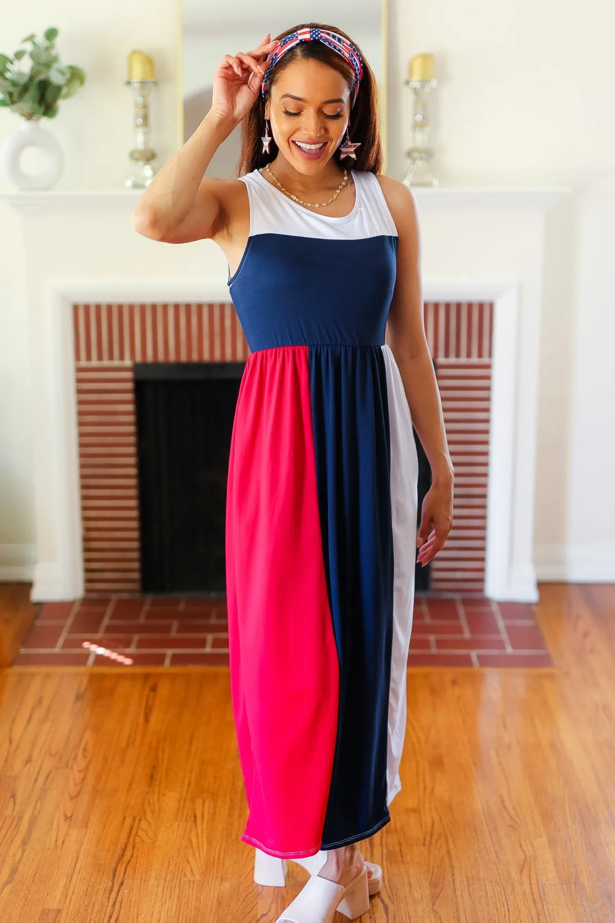 4th of July Dress Patriotic Color Block Fit & Flare Maxi Dress