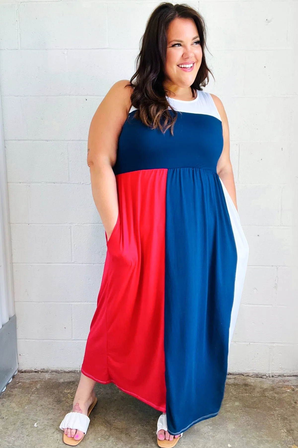 4th of July Dress Patriotic Color Block Fit & Flare Maxi Dress