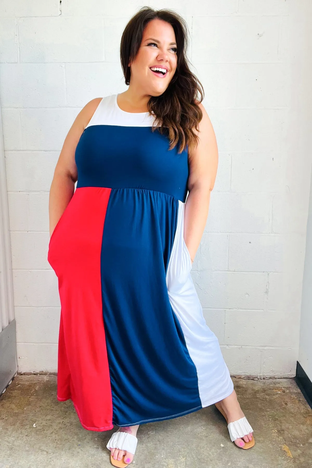 4th of July Dress Patriotic Color Block Fit & Flare Maxi Dress
