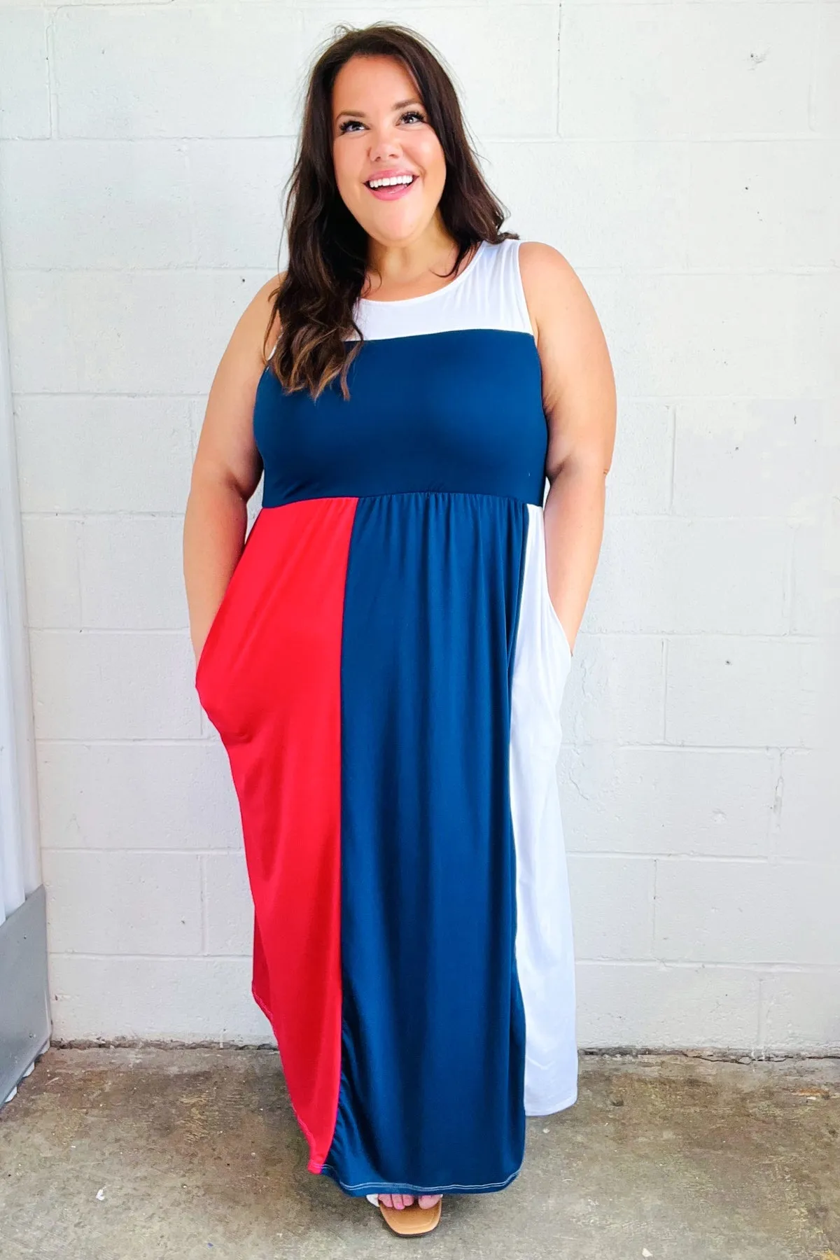 4th of July Dress Patriotic Color Block Fit & Flare Maxi Dress
