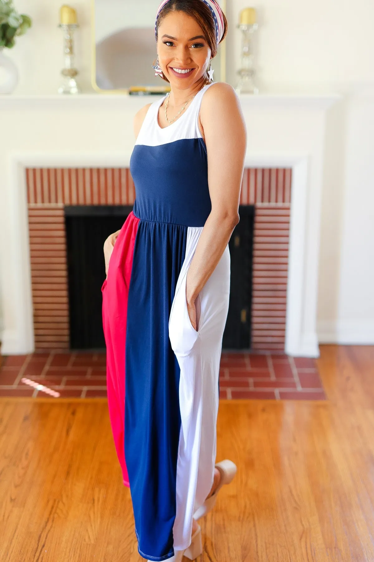4th of July Dress Patriotic Color Block Fit & Flare Maxi Dress