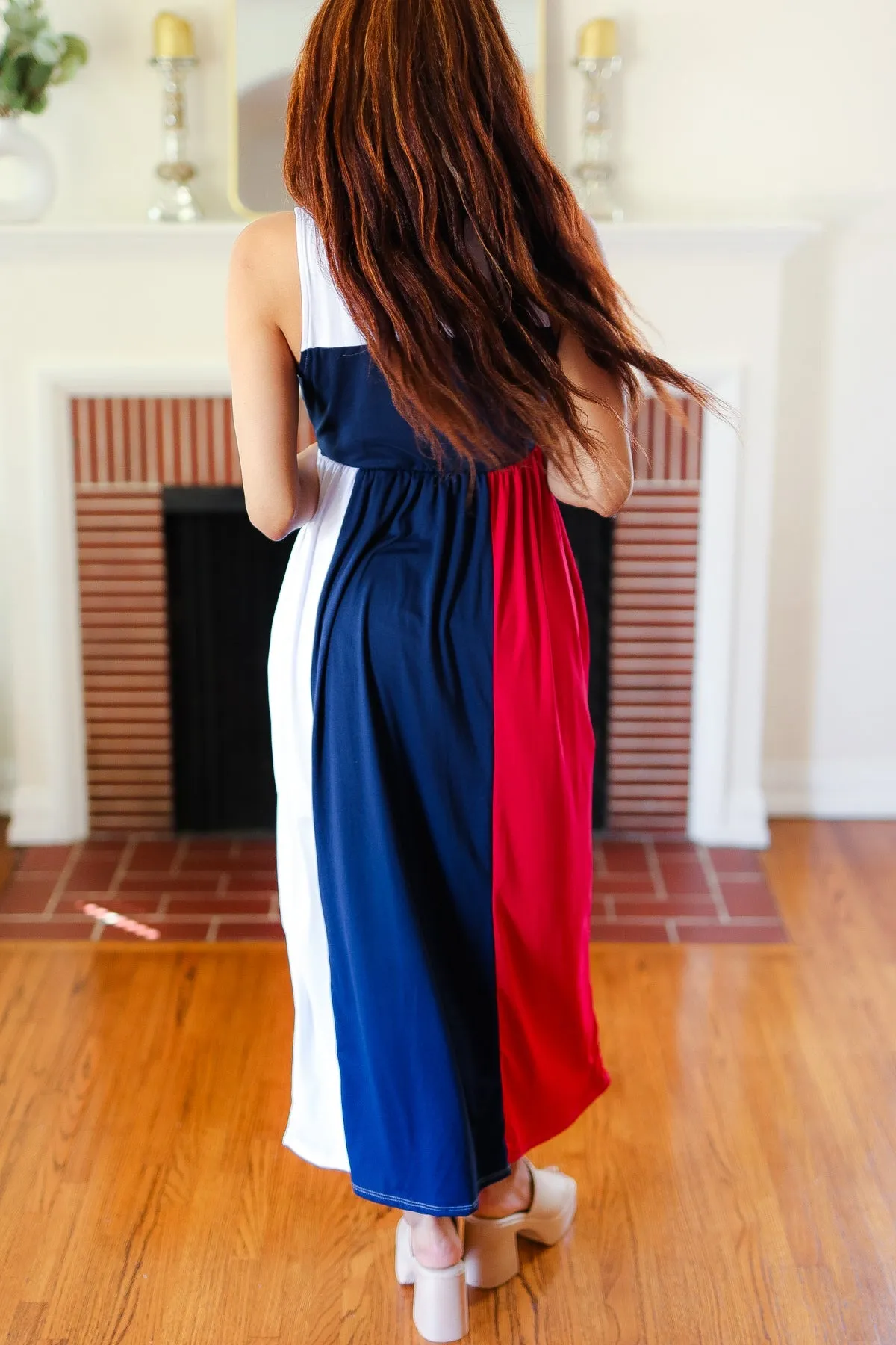 4th of July Dress Patriotic Color Block Fit & Flare Maxi Dress