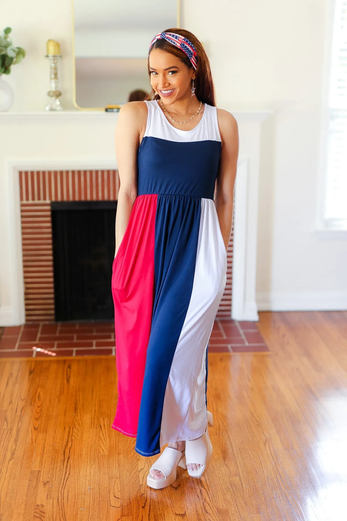 4th of July Dress Patriotic Color Block Fit & Flare Maxi Dress
