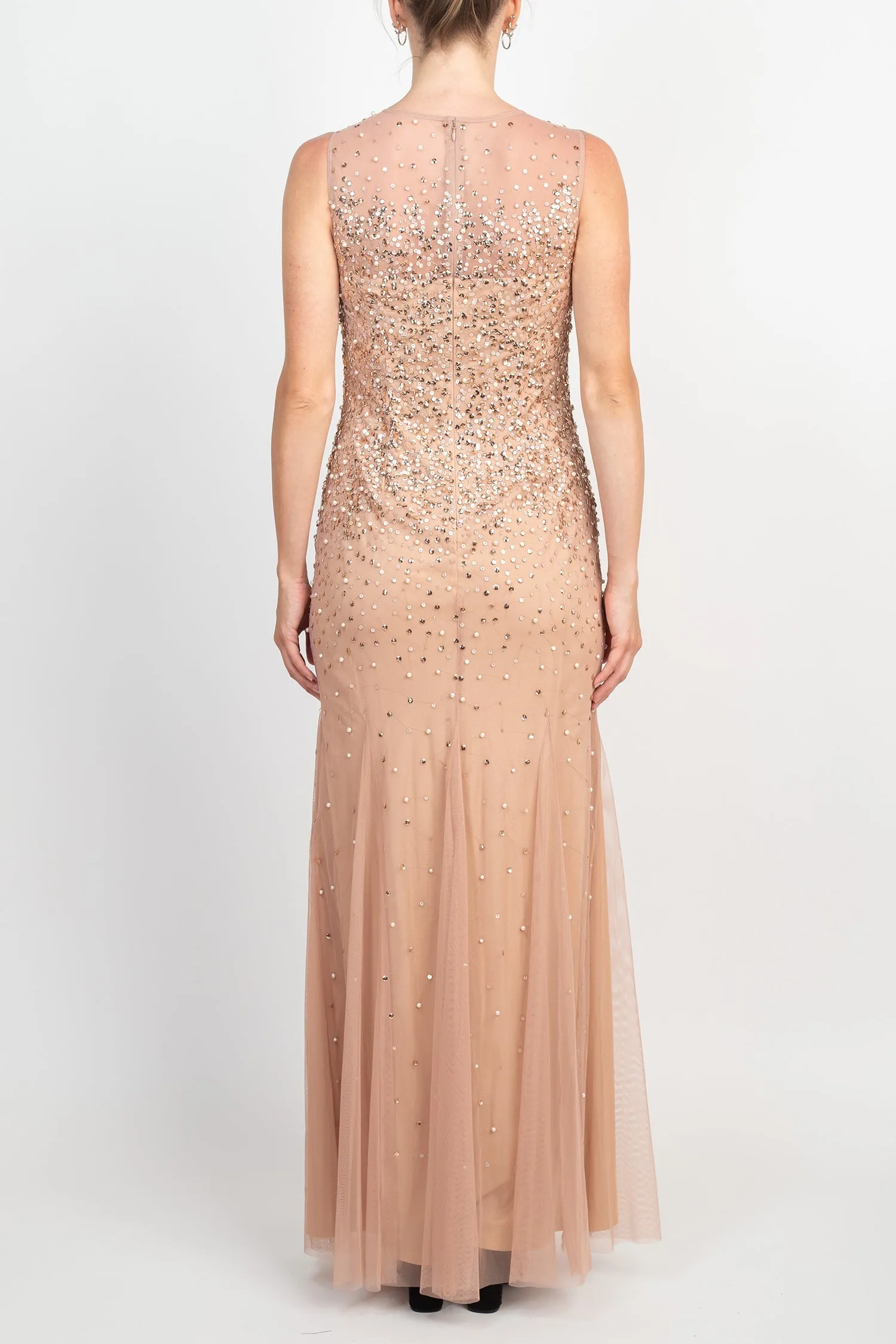 Adrianna Papell Illusion Crew Neck Sleeveless Beaded Sequined Bodycon Zipper Back Godet Mesh Gown