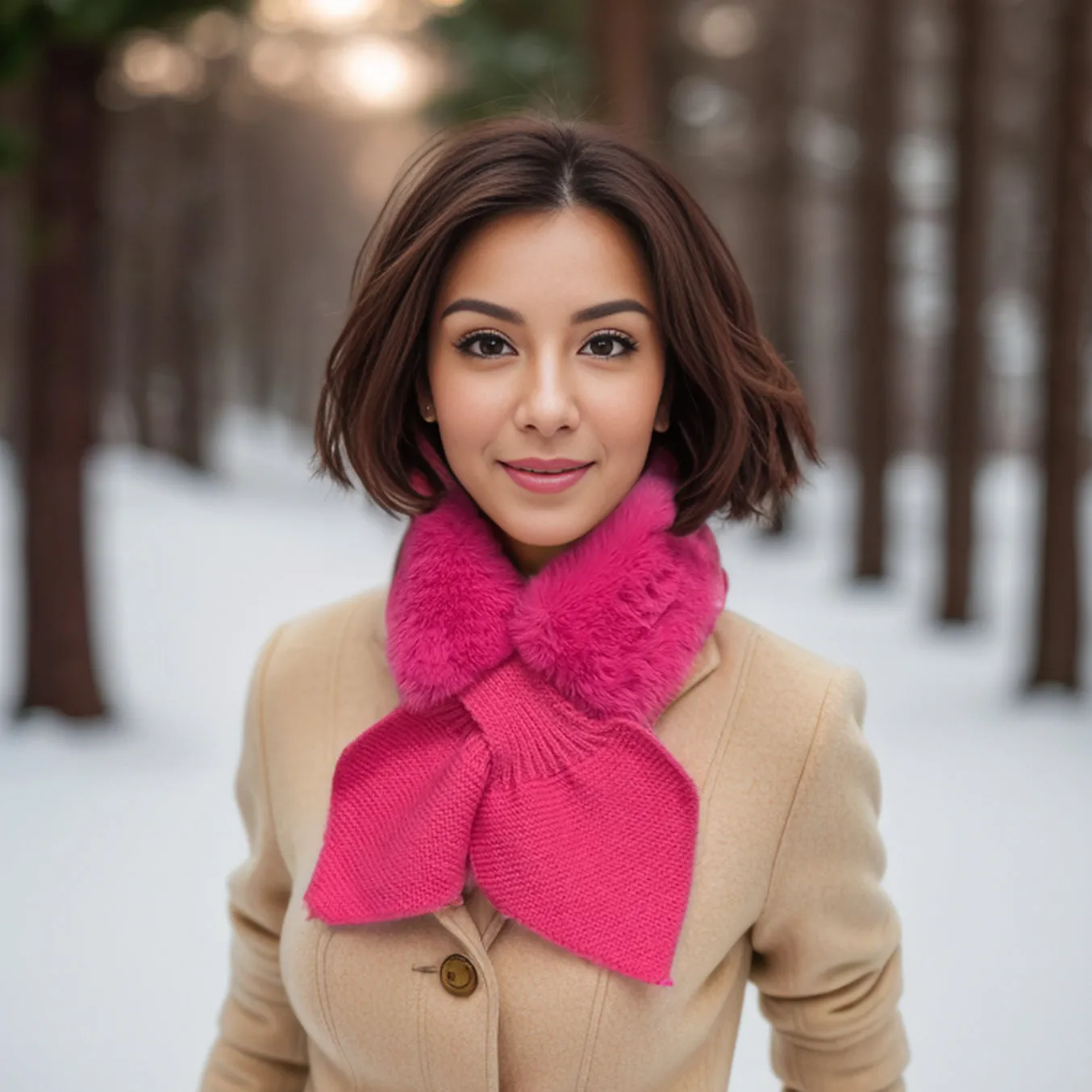 Bela Bela - Knitted Tie Fur Faux Collar - Bright Pink