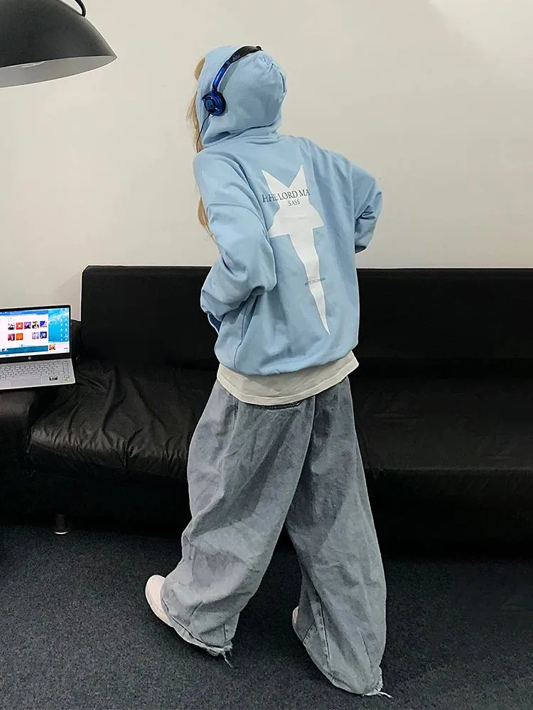 Black Friday Joskaa Star Graphic Hoodies Women Kpop Long Sleeve Oversized High Streetwear Korean Fashion Pullover Casual Couples Clothes