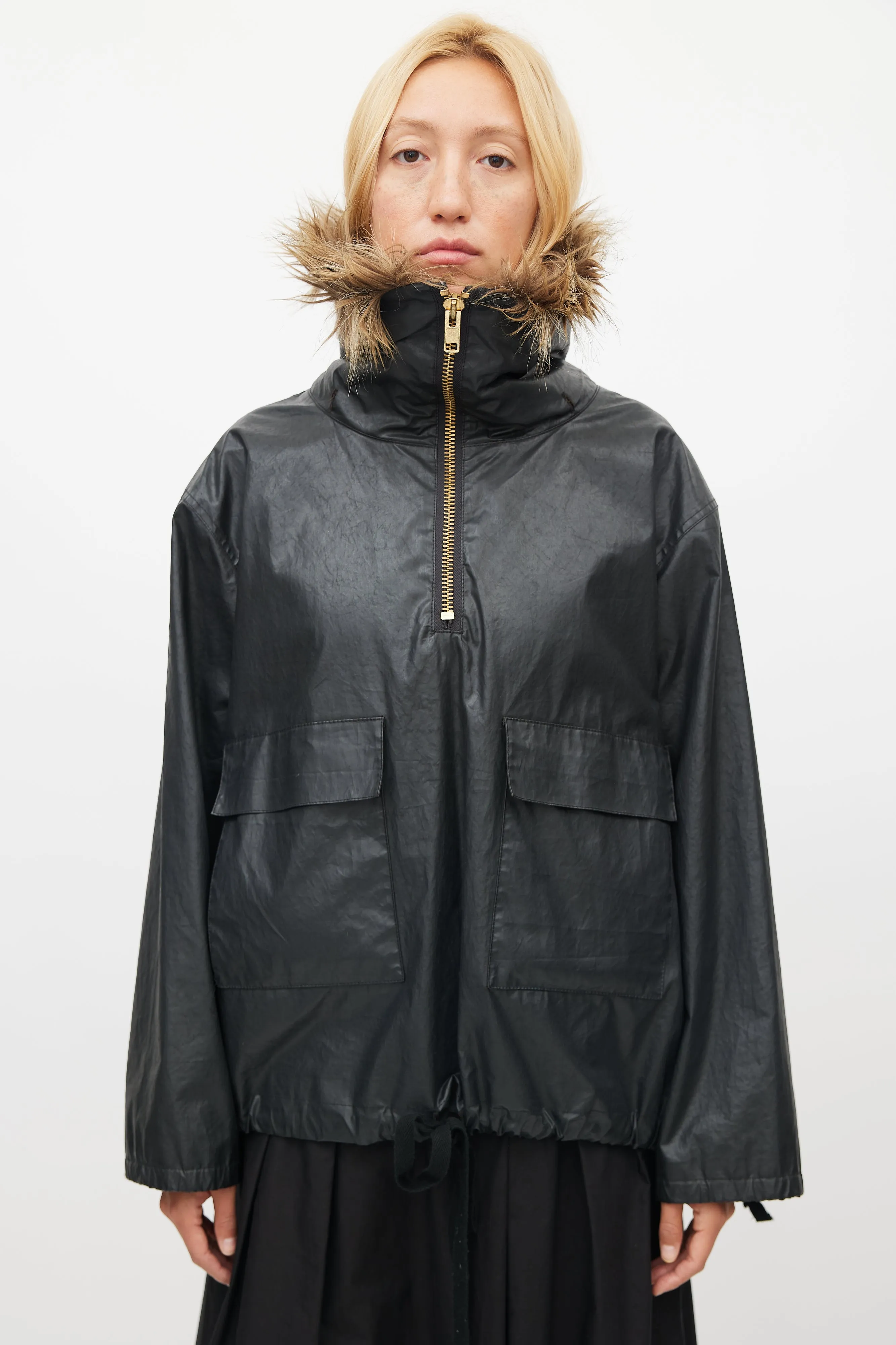 Black Fur Trim Pullover Jacket
