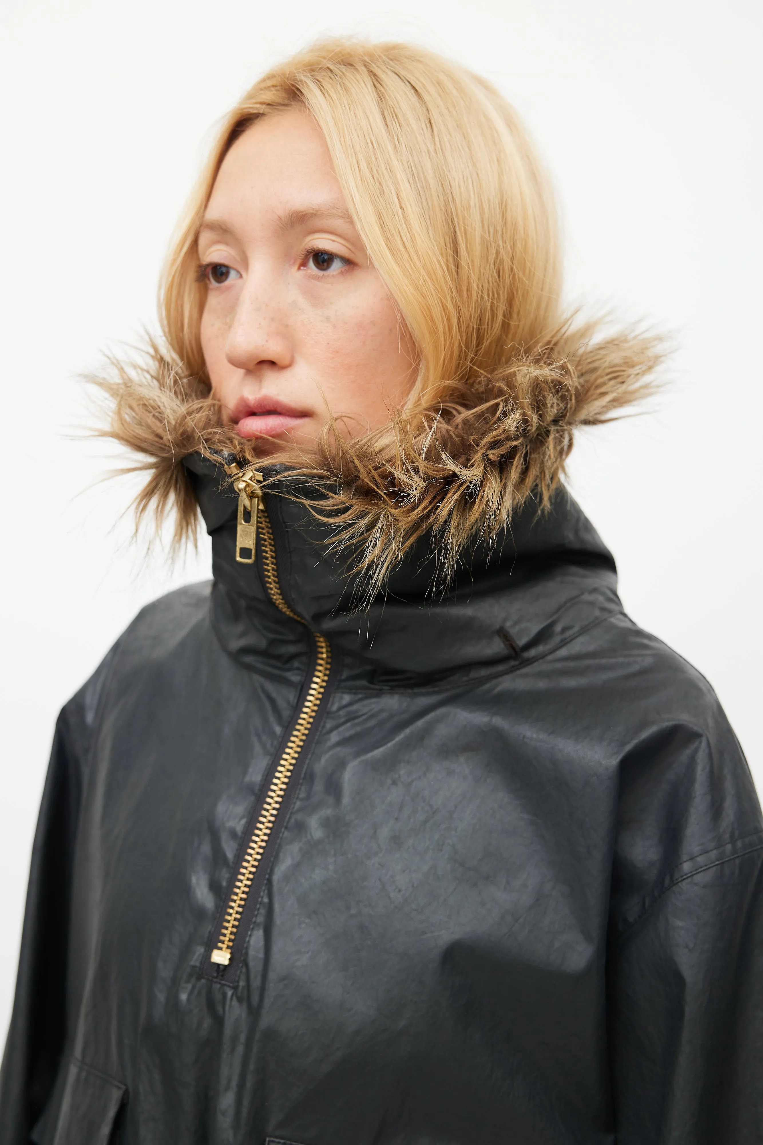 Black Fur Trim Pullover Jacket