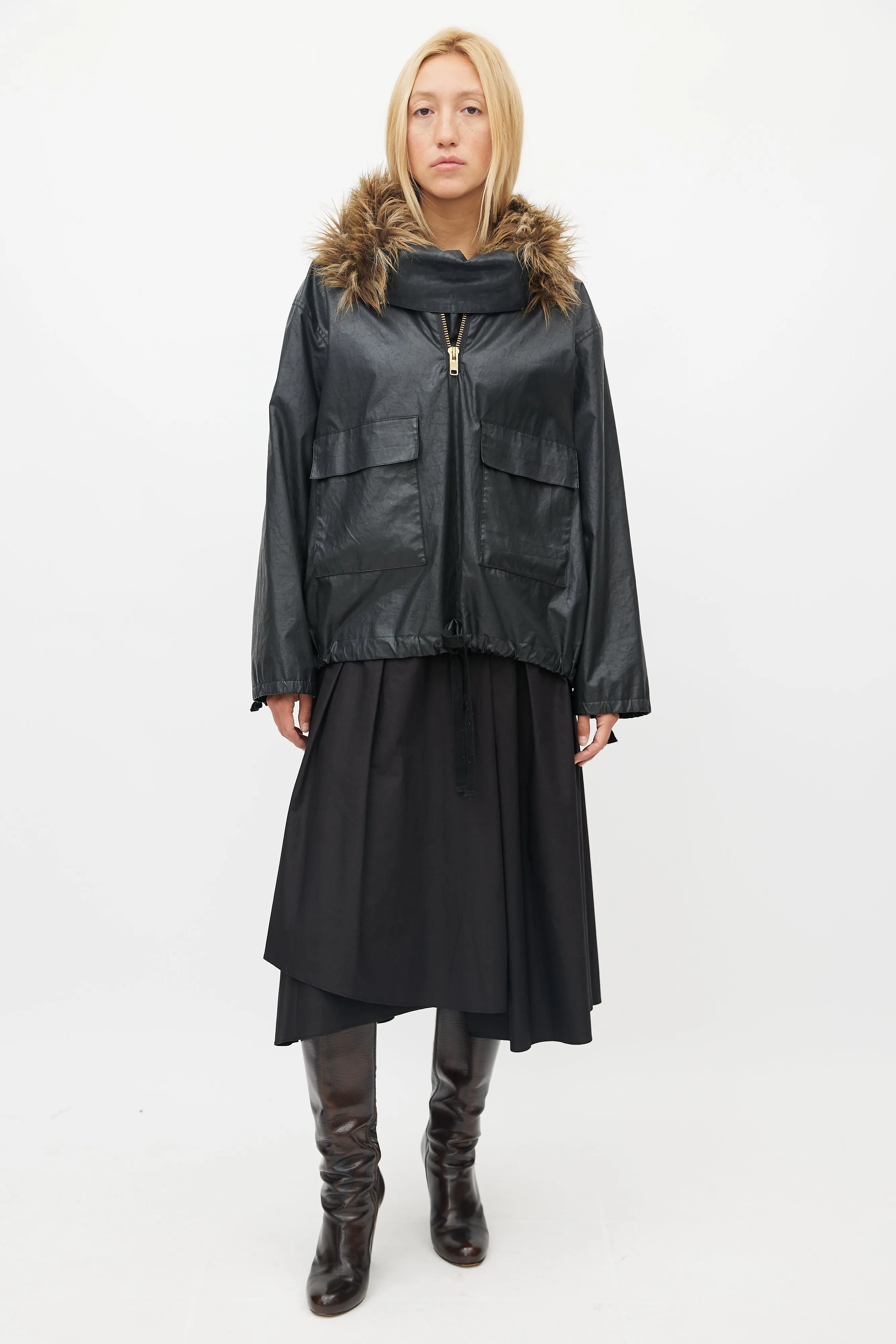 Black Fur Trim Pullover Jacket