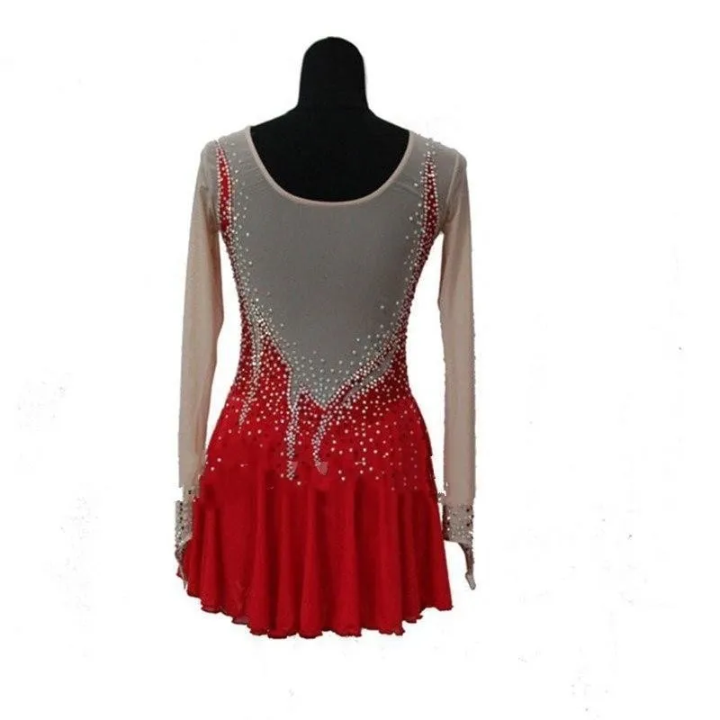 Competition Figure Skating Dress Red Long Sleeves