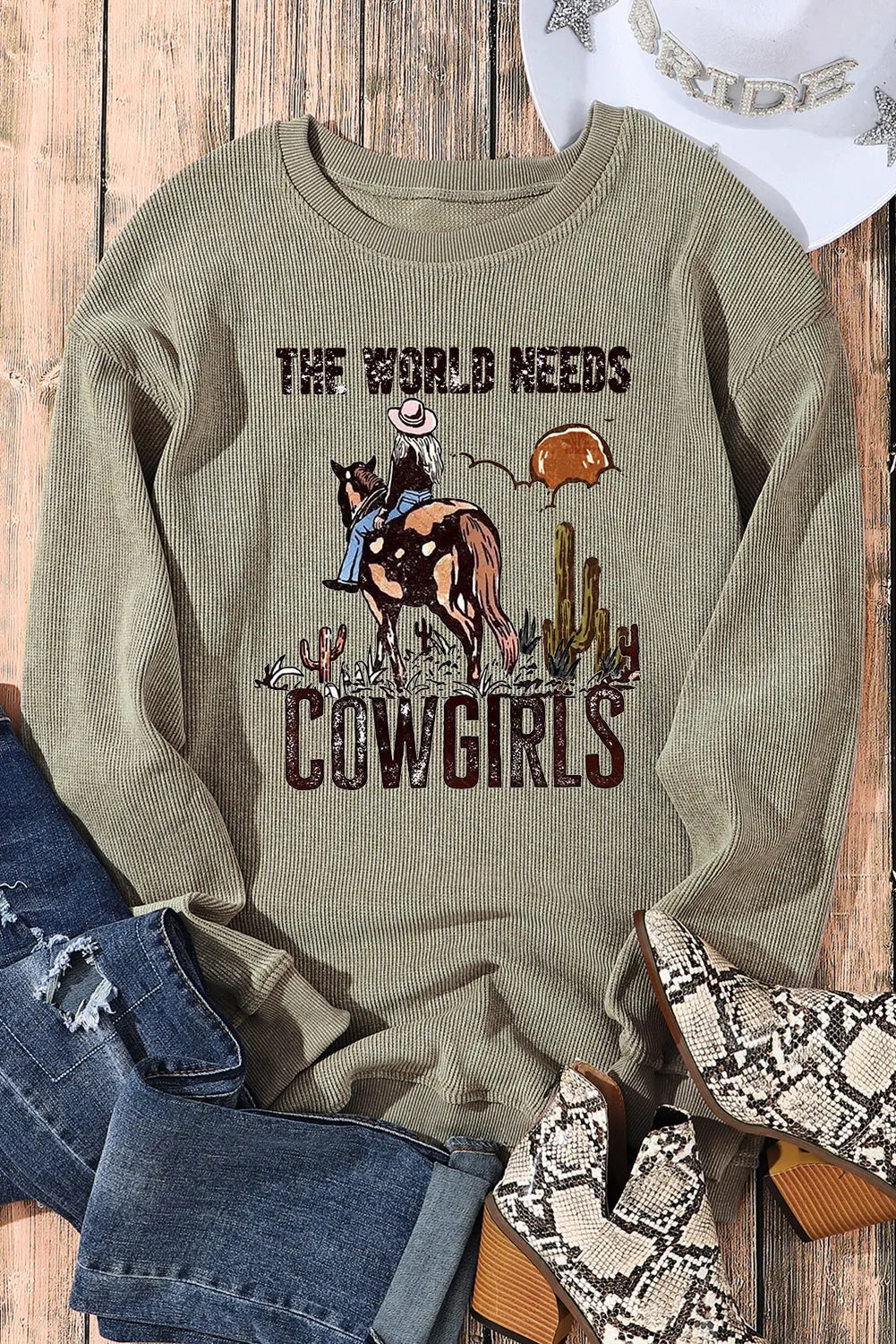 Cowgirls Ribbed Crew Neck Pullover Sweatshirt