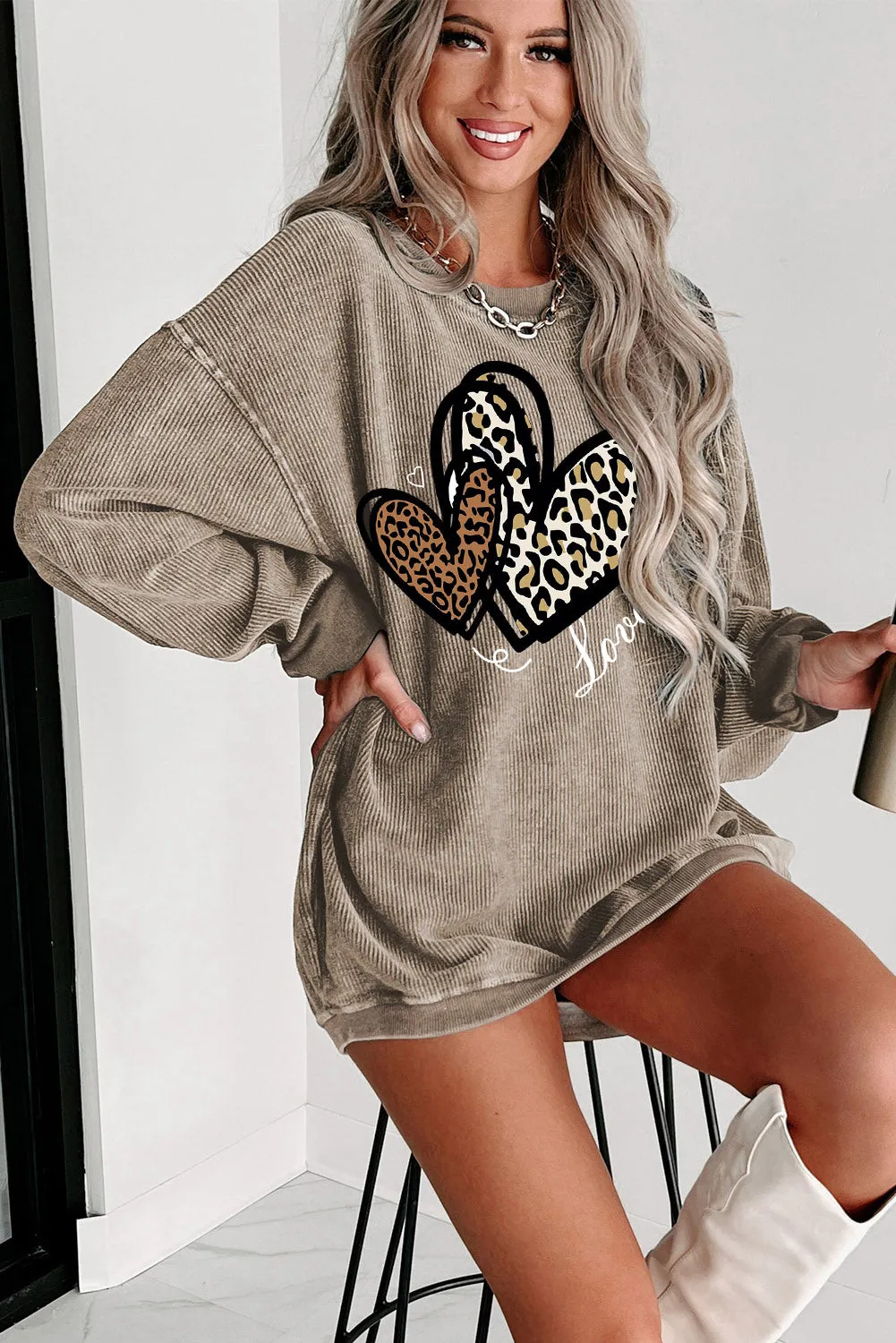 Date Night Heart Leopard Print Date Night Crew Neck Knit Sweatshirt