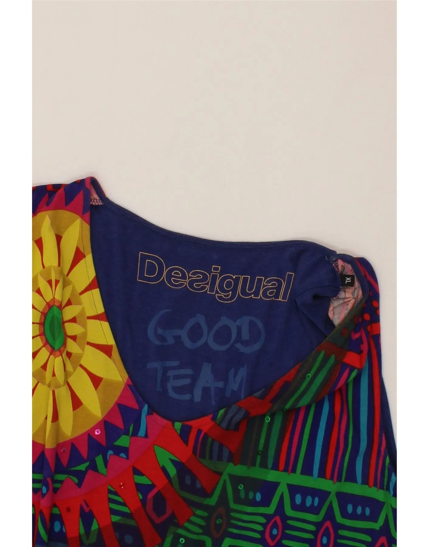 DESIGUAL Womens Sleeveless T-Shirt Dress UK 18 XL Blue Geometric Real Fur