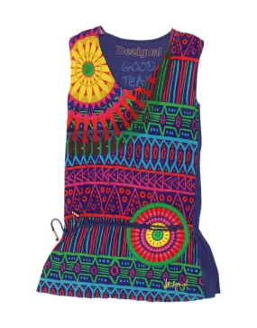 DESIGUAL Womens Sleeveless T-Shirt Dress UK 18 XL Blue Geometric Real Fur