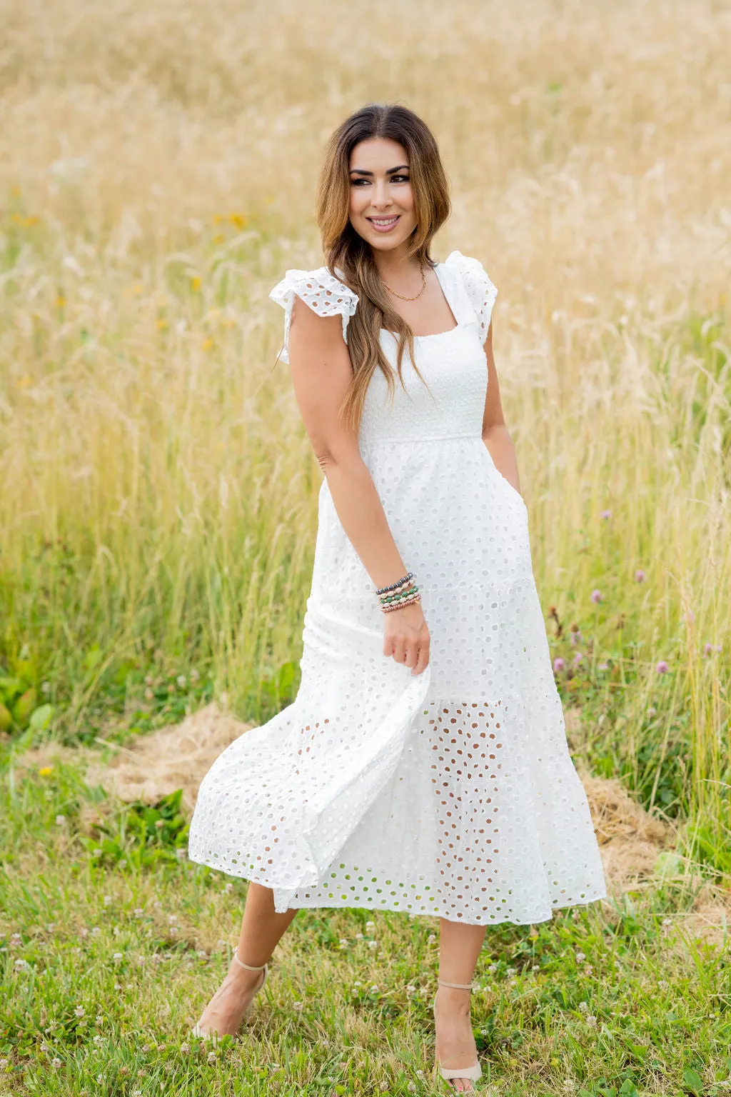 Eyelet Dual Flutter Maxi Dress