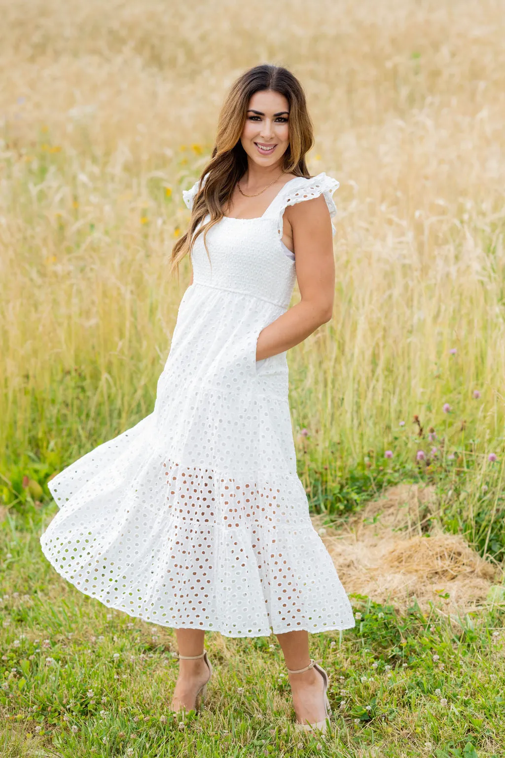 Eyelet Dual Flutter Maxi Dress