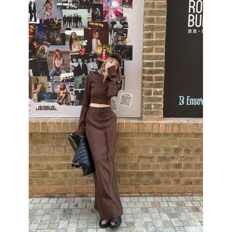 Fashionkova 2024 fall fashion trends Half Turtleneck Long Sleeve Slimming Profile Short Stretch Top   Split Mid-Length Straight Skirt