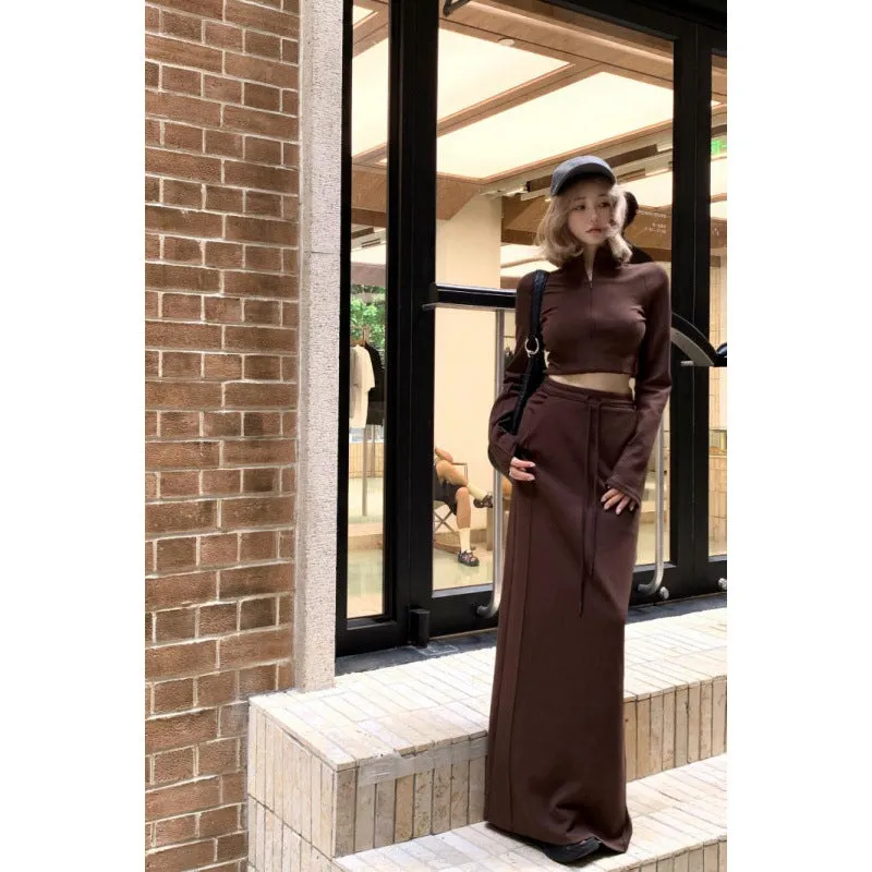 Fashionkova 2024 fall fashion trends Half Turtleneck Long Sleeve Slimming Profile Short Stretch Top   Split Mid-Length Straight Skirt
