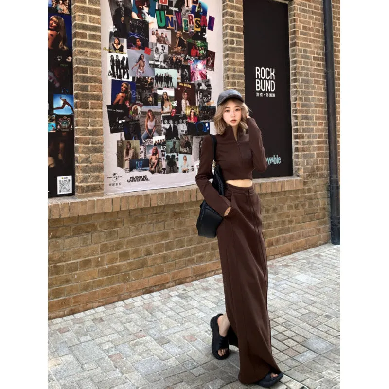 Fashionkova 2024 fall fashion trends Half Turtleneck Long Sleeve Slimming Profile Short Stretch Top   Split Mid-Length Straight Skirt