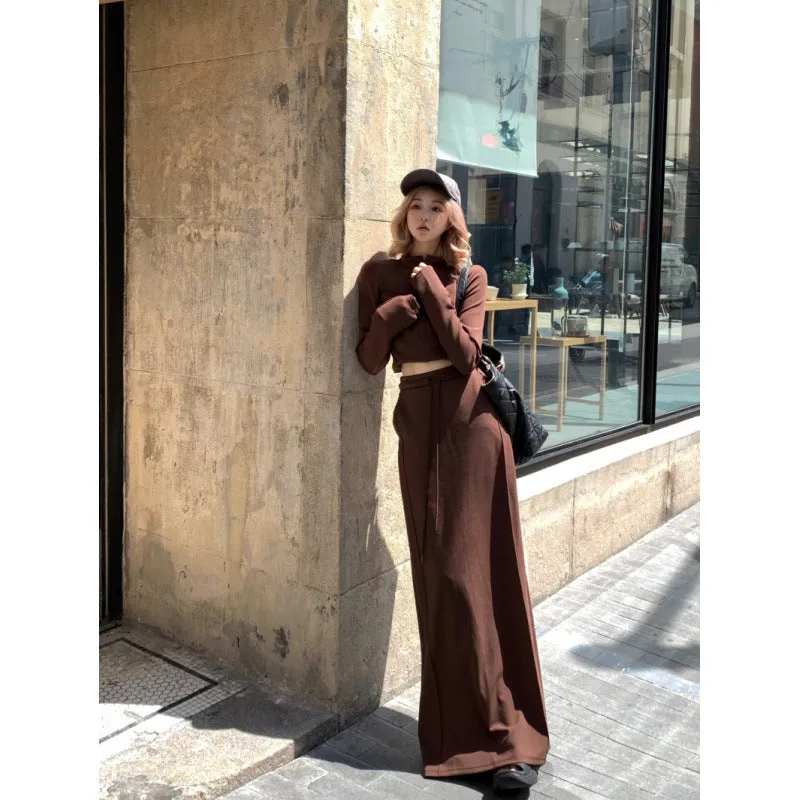 Fashionkova 2024 fall fashion trends Half Turtleneck Long Sleeve Slimming Profile Short Stretch Top   Split Mid-Length Straight Skirt