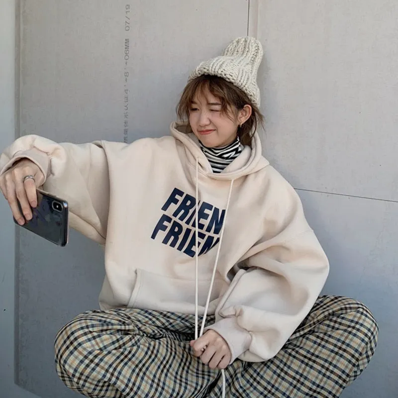Fashionkova  Korean Fashion New Grey Loose Fleece Pullover Vintage Pocket Letter Printing Sweatshirt Lazy Casual Raglan Sleeves Hoodie Autumn