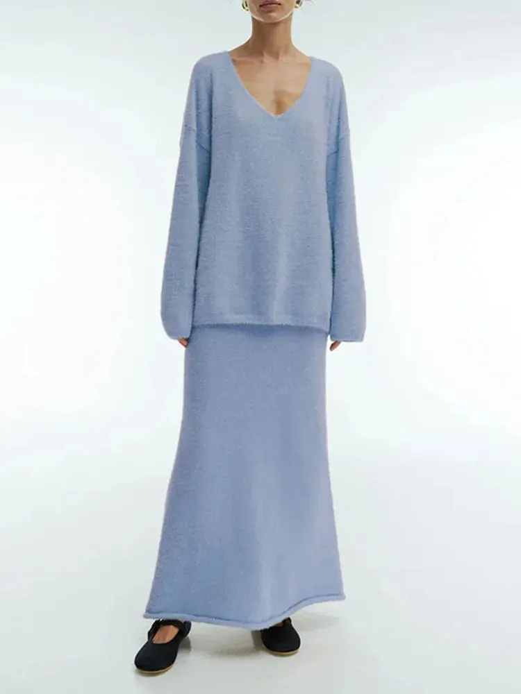 Flytonn-Christmas Thanksgiving Gift New Year's Eve Casual Outfits Casual Loose Solid Mohair Women Knitted Set Elegant V-neck Long Sleeve Pullover Lady High Waist Slim Long Skirt Outfits 2024