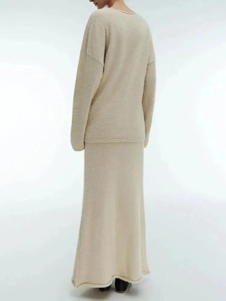 Flytonn-Christmas Thanksgiving Gift New Year's Eve Casual Outfits Casual Loose Solid Mohair Women Knitted Set Elegant V-neck Long Sleeve Pullover Lady High Waist Slim Long Skirt Outfits 2024