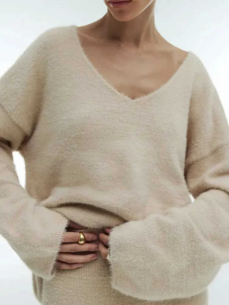 Flytonn-Christmas Thanksgiving Gift New Year's Eve Casual Outfits Casual Loose Solid Mohair Women Knitted Set Elegant V-neck Long Sleeve Pullover Lady High Waist Slim Long Skirt Outfits 2024