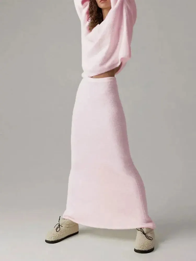 Flytonn-Christmas Thanksgiving Gift New Year's Eve Casual Outfits Casual Loose Solid Mohair Women Knitted Set Elegant V-neck Long Sleeve Pullover Lady High Waist Slim Long Skirt Outfits 2024