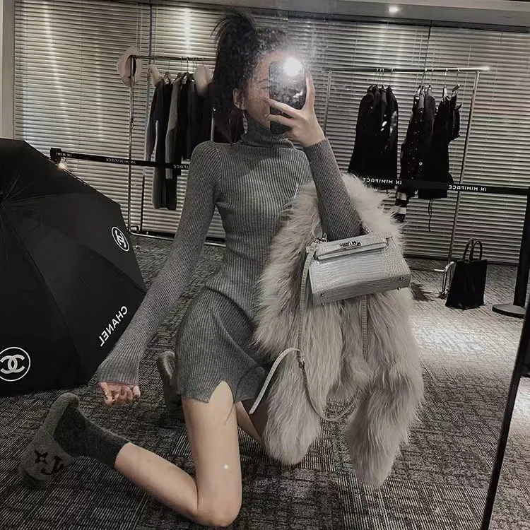 Flytonnshop fall outfits women French Hepburn Style Turtleneck Knitted Inner Split Bottoming Skirt for Women Spring and Autumn New Pure Sexy Sheath Skirt
