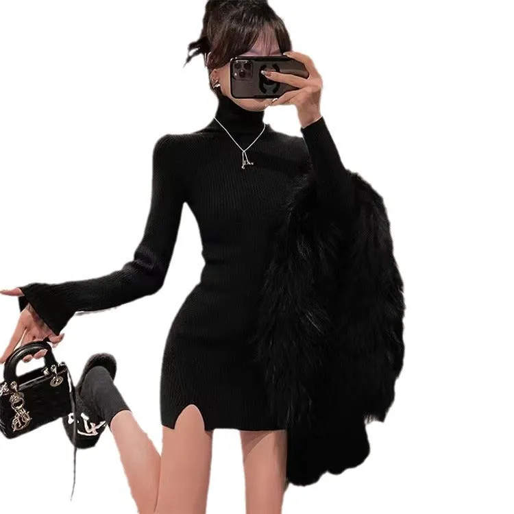 Flytonnshop fall outfits women French Hepburn Style Turtleneck Knitted Inner Split Bottoming Skirt for Women Spring and Autumn New Pure Sexy Sheath Skirt