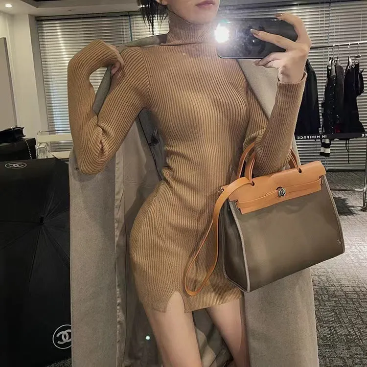 Flytonnshop fall outfits women French Hepburn Style Turtleneck Knitted Inner Split Bottoming Skirt for Women Spring and Autumn New Pure Sexy Sheath Skirt