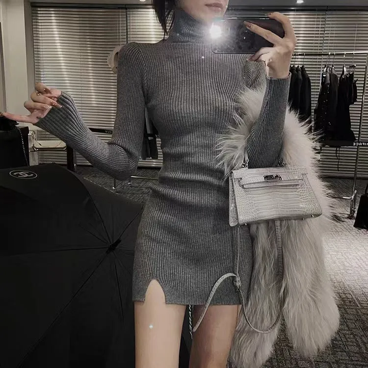 Flytonnshop fall outfits women French Hepburn Style Turtleneck Knitted Inner Split Bottoming Skirt for Women Spring and Autumn New Pure Sexy Sheath Skirt