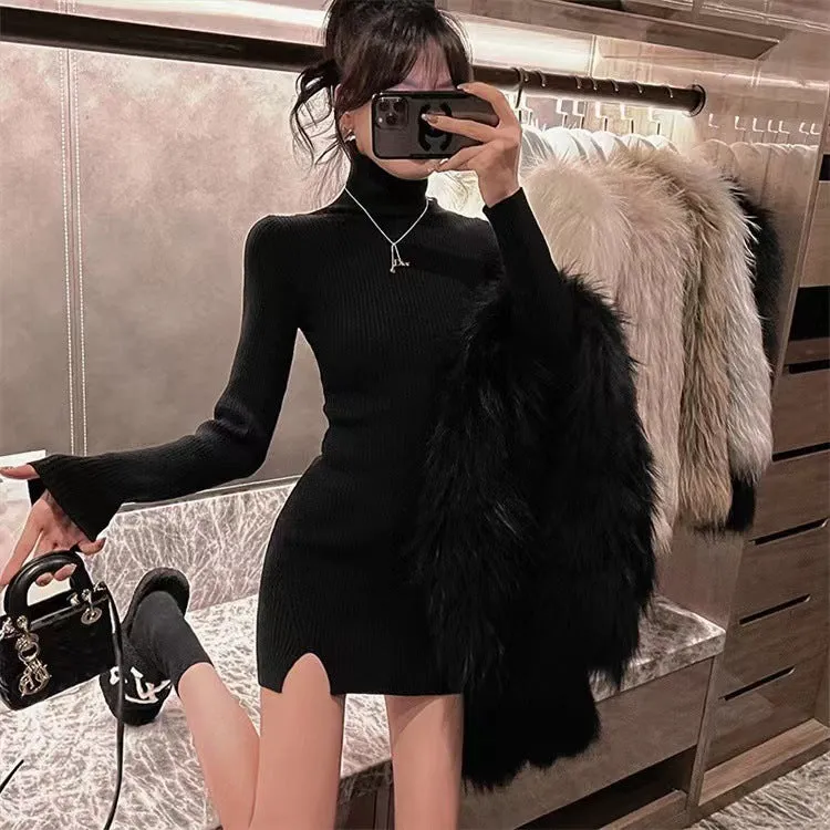 Flytonnshop fall outfits women French Hepburn Style Turtleneck Knitted Inner Split Bottoming Skirt for Women Spring and Autumn New Pure Sexy Sheath Skirt