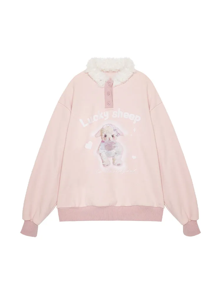 Fur Collar Sheep Puppy Print Pastel Cream Pink Pullover Sweatshirt