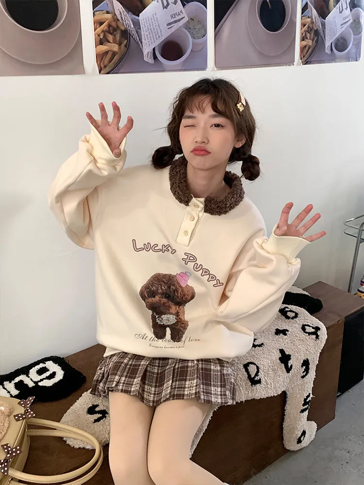 Fur Collar Sheep Puppy Print Pastel Cream Pink Pullover Sweatshirt