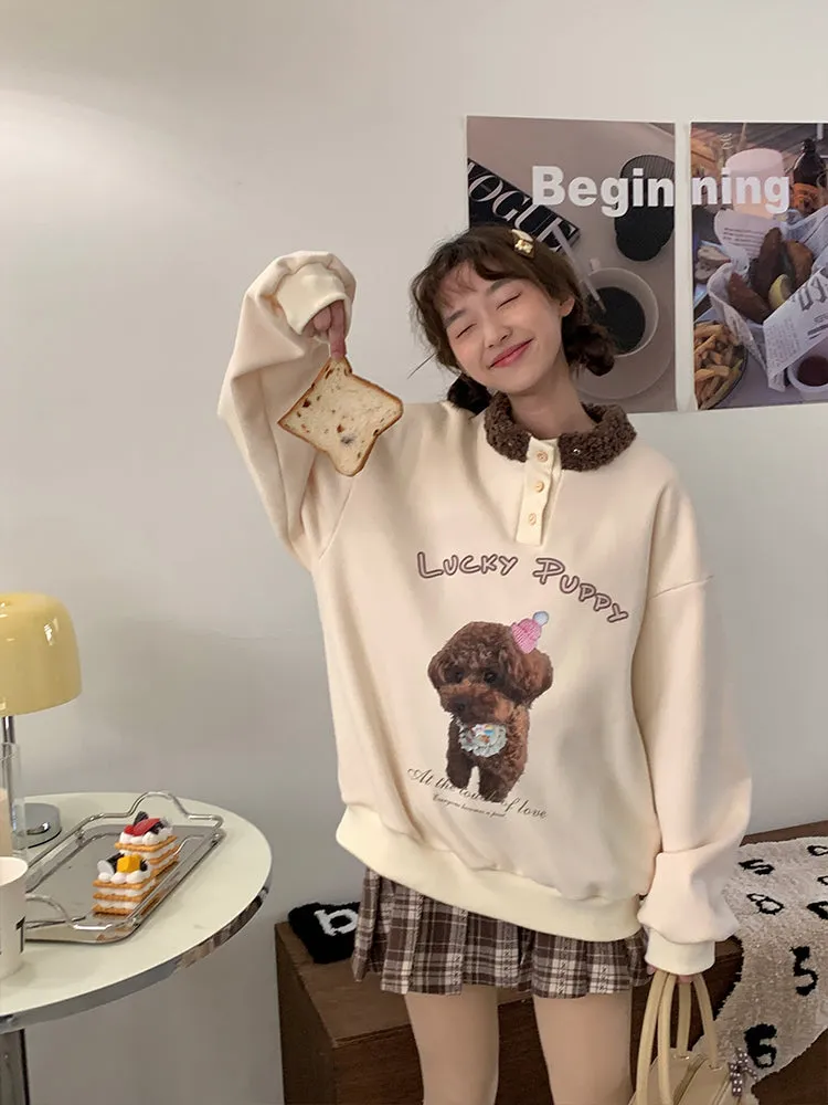 Fur Collar Sheep Puppy Print Pastel Cream Pink Pullover Sweatshirt