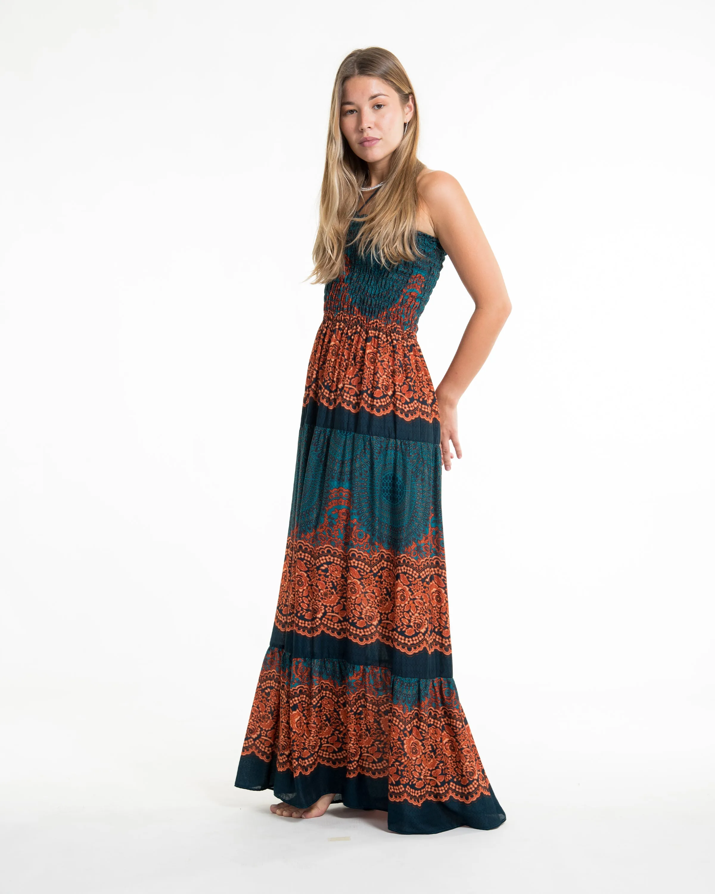 Geometric Mandalas Smocked Maxi Dress in Turquoise
